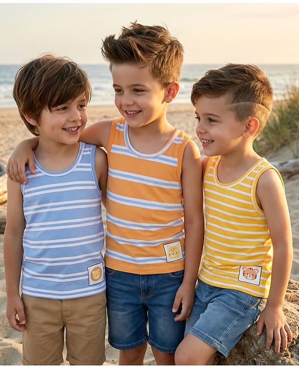 Babyhug 100% Cotton Knit Sleeveless Striped & Animal Printed Sando Pack Of 3 - Multicolour