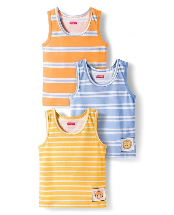 Babyhug 100% Cotton Knit Sleeveless Striped & Animal Printed Sando Pack Of 3 - Multicolour