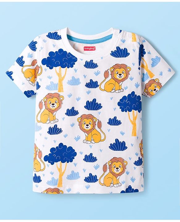 Babyhug Cotton Knit Half Sleeves T-Shirt With Lion Print - White