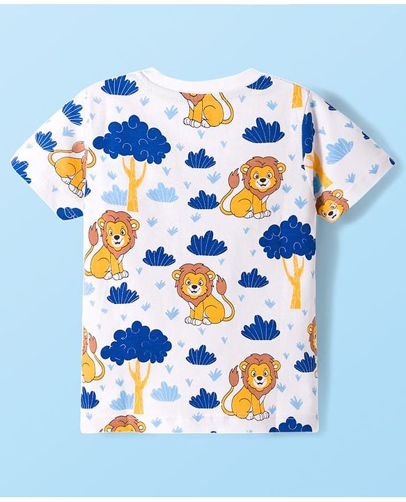 Babyhug Cotton Knit Half Sleeves T-Shirt With Lion Print - White