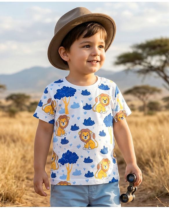 Babyhug Cotton Knit Half Sleeves T-Shirt With Lion Print - White