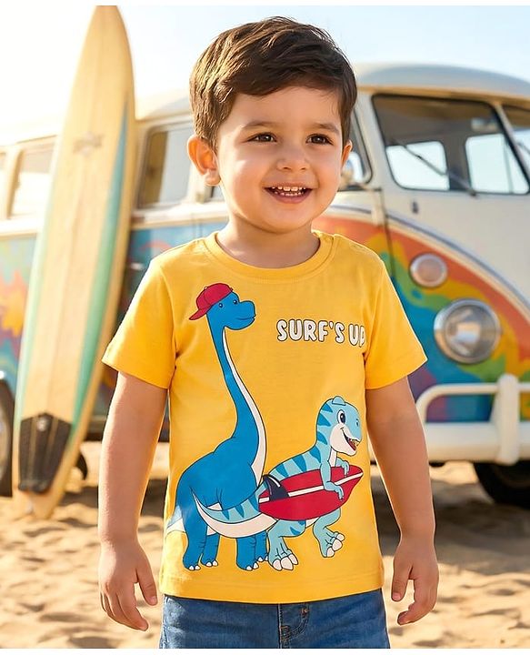 Babyhug 100% Cotton Knit Half Sleeves Dino Printed T-Shirt - Yellow