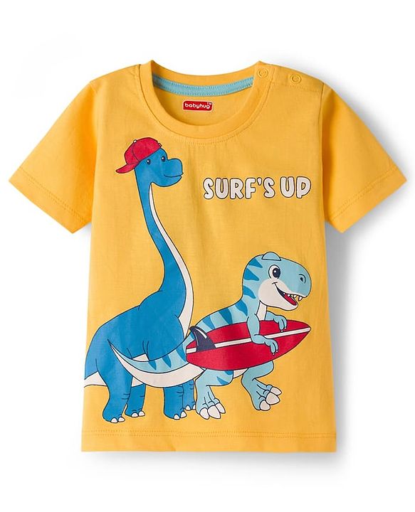 Babyhug 100% Cotton Knit Half Sleeves Dino Printed T-Shirt - Yellow