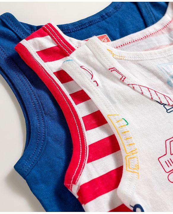 Babyhug 100% Cotton Knit Sleeveless Striped & Vehicles Printed Sando Vests Pack Of 3 - Multicolour