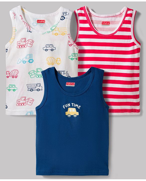 Babyhug 100% Cotton Knit Sleeveless Striped & Vehicles Printed Sando Vests Pack Of 3 - Multicolour