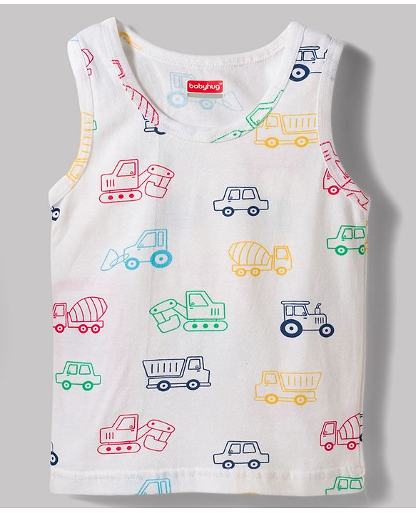 Babyhug 100% Cotton Knit Sleeveless Striped & Vehicles Printed Sando Vests Pack Of 3 - Multicolour