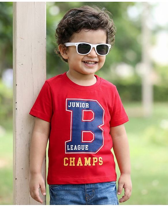 Babyhug 100% Cotton Knit Half Sleeves Text Printed T-Shirt - Red
