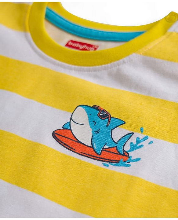 Babyhug 100% Cotton Knit Half Sleeves Striped T-Shirt With Shark Print - Multicolour