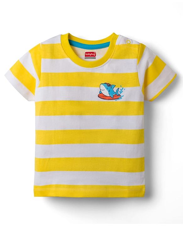 Babyhug 100% Cotton Knit Half Sleeves Striped T-Shirt With Shark Print - Multicolour