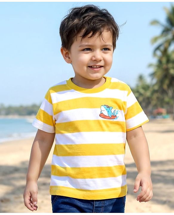 Babyhug 100% Cotton Knit Half Sleeves Striped T-Shirt With Shark Print - Multicolour