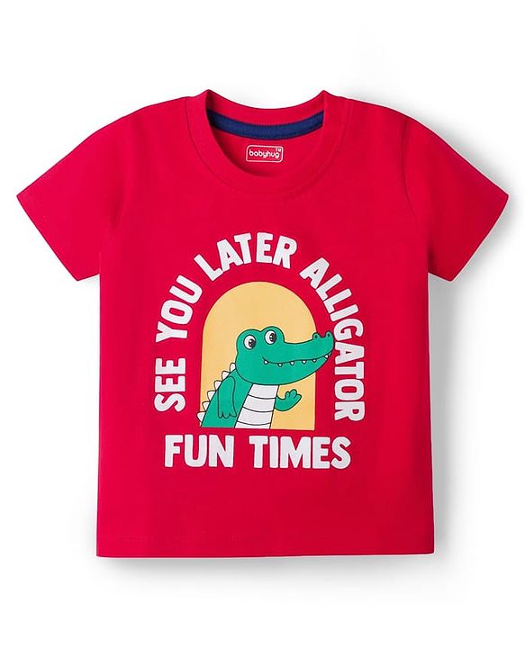Babyhug 100% Cotton Knit Half Sleeves Alligator & Text Printed T-Shirt - Red