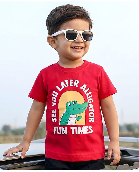 Babyhug 100% Cotton Knit Half Sleeves Alligator & Text Printed T-Shirt - Red