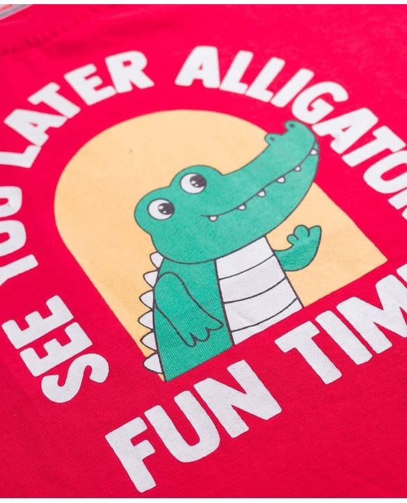 Babyhug 100% Cotton Knit Half Sleeves Alligator & Text Printed T-Shirt - Red