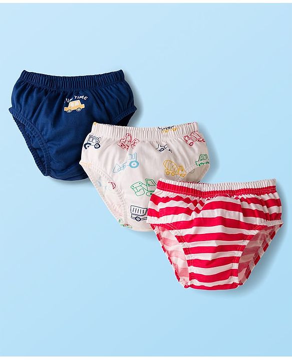 Babyhug 100% Cotton Knit Briefs  with Striped & Vehicle Print Pack of 3 - Navy White & Red