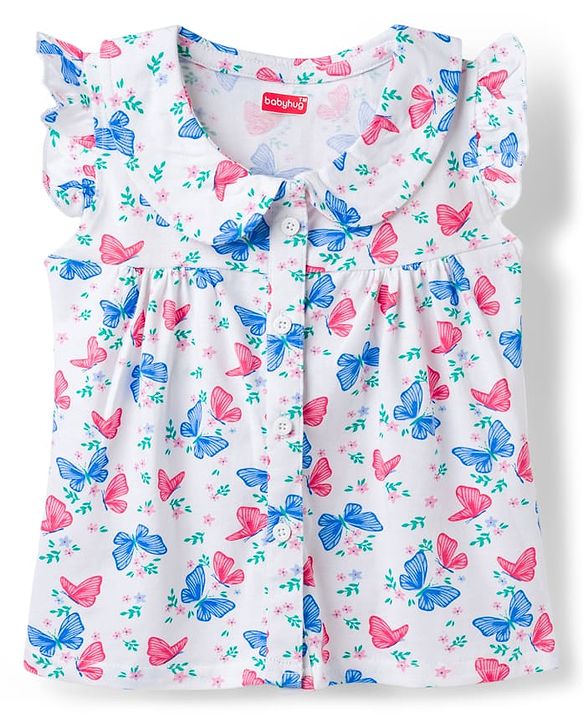Babyhug Cotton Knit Frill Sleeves Butterfly Printed Co-Ord Peter Pan Collared Shirt & Shorts Night Suit  - White