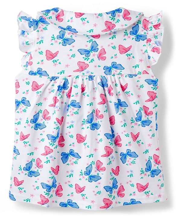Babyhug Cotton Knit Frill Sleeves Butterfly Printed Co-Ord Peter Pan Collared Shirt & Shorts Night Suit  - White