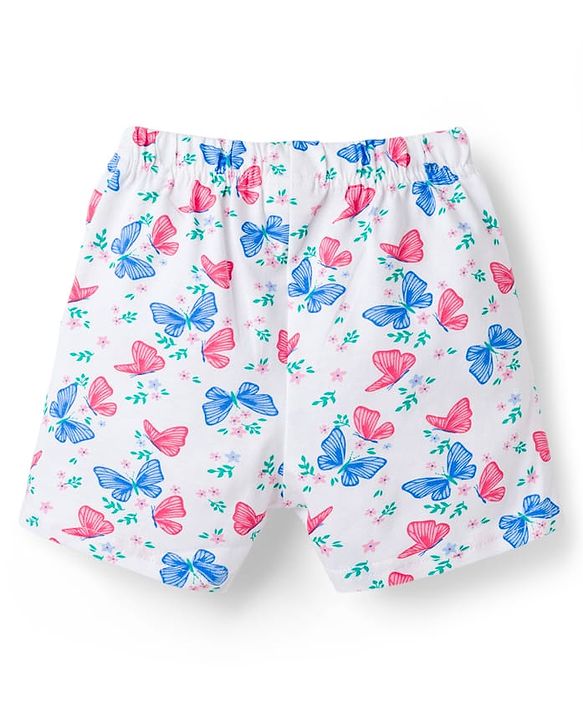 Babyhug Cotton Knit Frill Sleeves Butterfly Printed Co-Ord Peter Pan Collared Shirt & Shorts Night Suit  - White