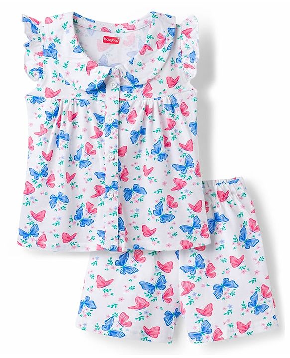 Babyhug Cotton Knit Frill Sleeves Butterfly Printed Co-Ord Peter Pan Collared Shirt & Shorts Night Suit  - White