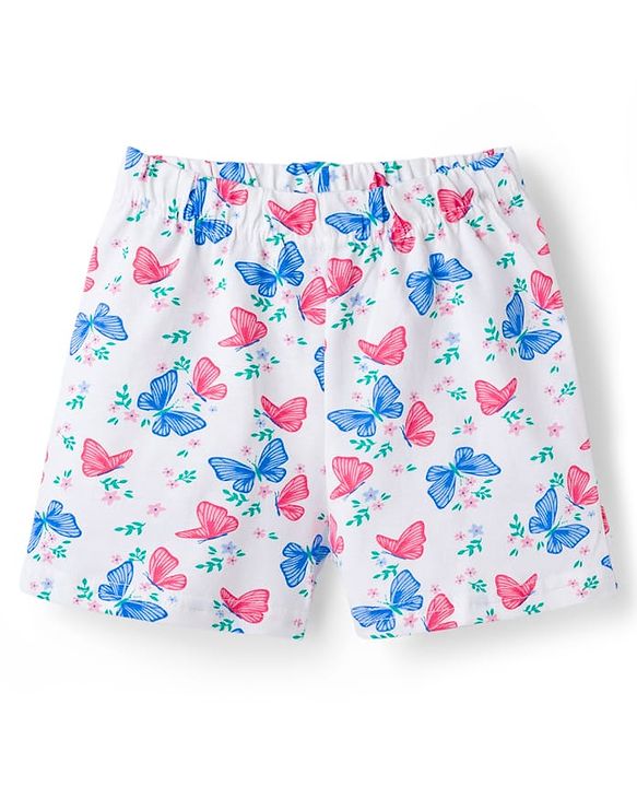 Babyhug Cotton Knit Frill Sleeves Butterfly Printed Co-Ord Peter Pan Collared Shirt & Shorts Night Suit  - White