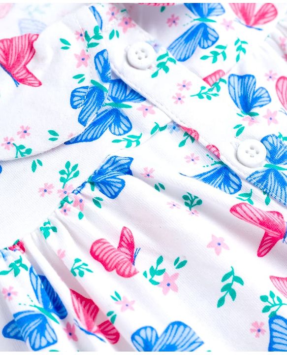 Babyhug Cotton Knit Frill Sleeves Butterfly Printed Co-Ord Peter Pan Collared Shirt & Shorts Night Suit  - White