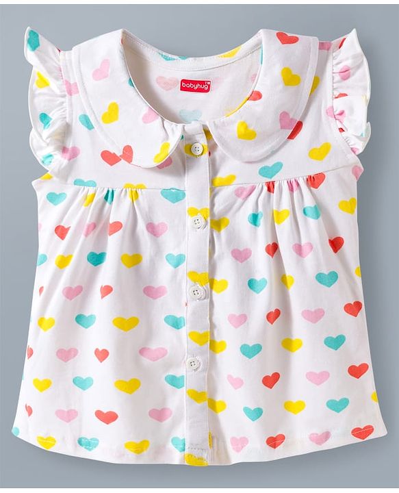 Babyhug Cotton Knit Frill Sleeves Front Open Co-ords Top & Short Night Suit with Heart Print - White