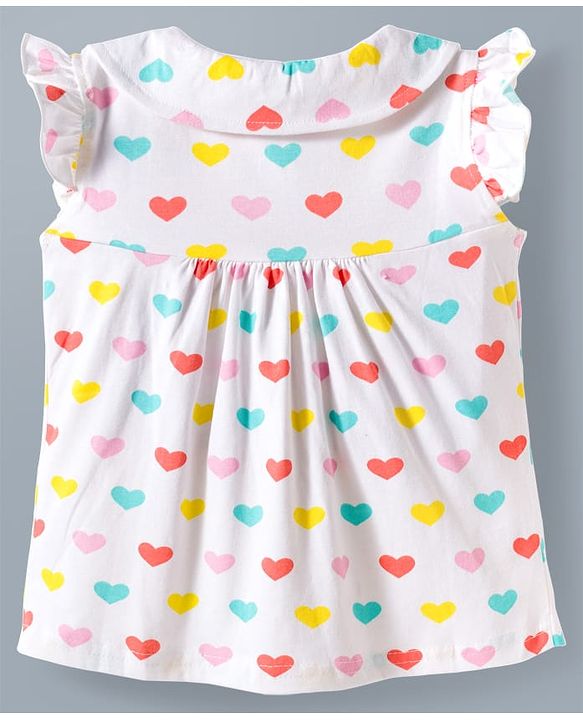 Babyhug Cotton Knit Frill Sleeves Front Open Co-ords Top & Short Night Suit with Heart Print - White
