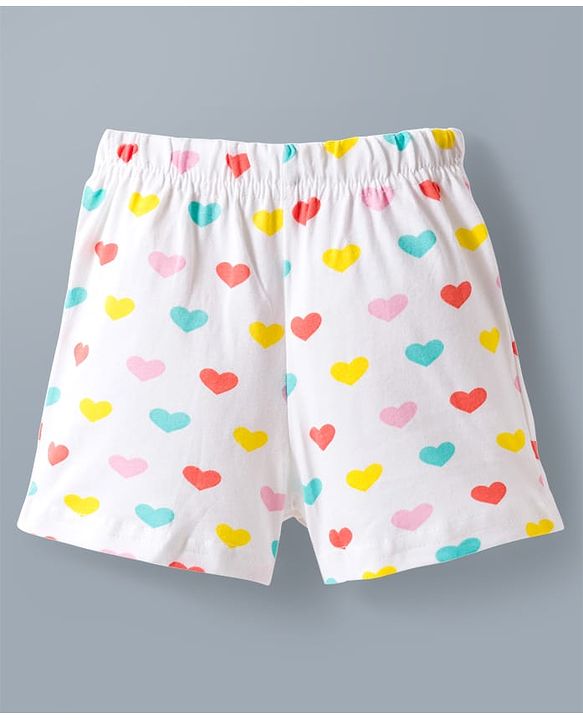 Babyhug Cotton Knit Frill Sleeves Front Open Co-ords Top & Short Night Suit with Heart Print - White