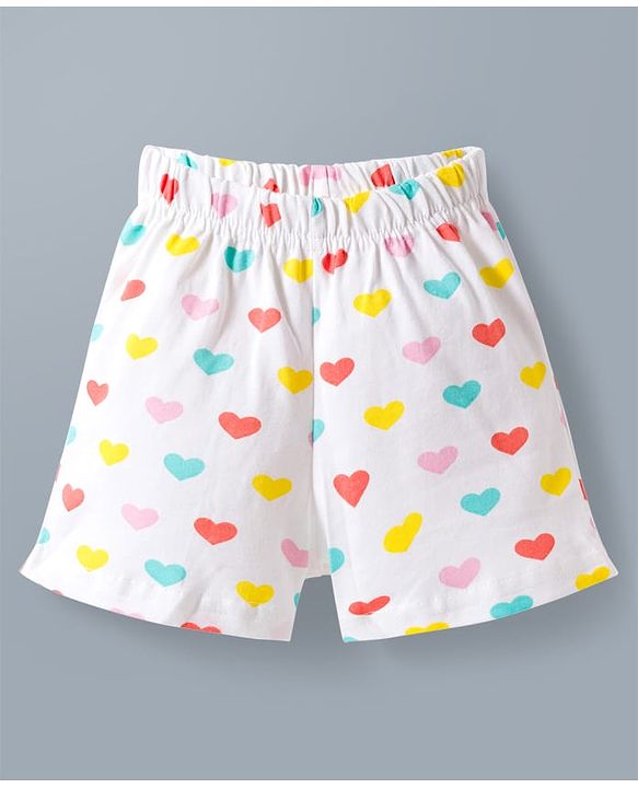 Babyhug Cotton Knit Frill Sleeves Front Open Co-ords Top & Short Night Suit with Heart Print - White