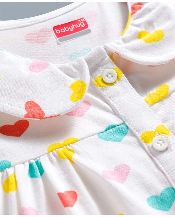 Babyhug Cotton Knit Frill Sleeves Front Open Co-ords Top & Short Night Suit with Heart Print - White