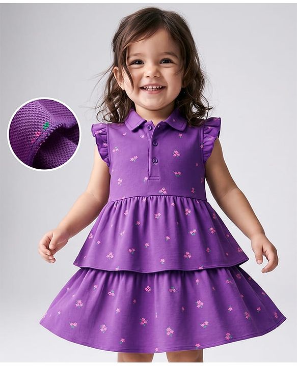 Babyhug 100% Cotton Knit Sleeveless Floral Printed Layered Frock - Purple