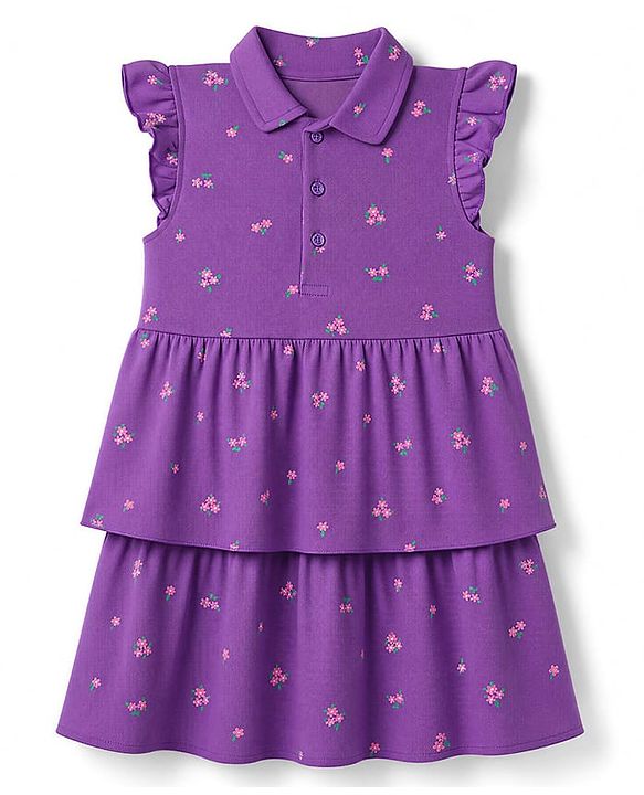 Babyhug 100% Cotton Knit Sleeveless Floral Printed Layered Frock - Purple