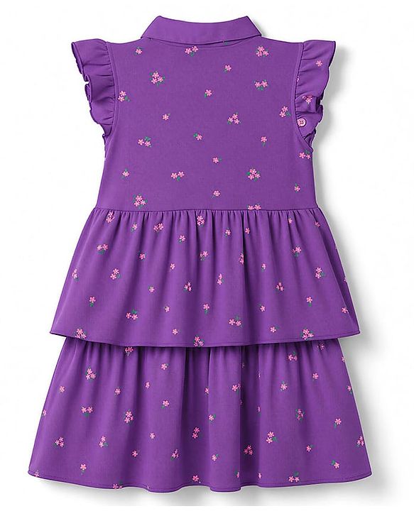 Babyhug 100% Cotton Knit Sleeveless Floral Printed Layered Frock - Purple