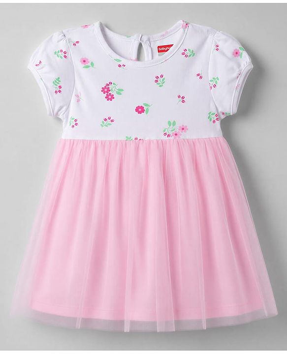 Babyhug Mesh Knit Half Sleeves Floral Printed Frock - Pink