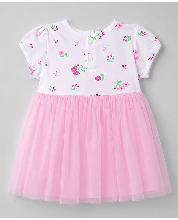 Babyhug Mesh Knit Half Sleeves Floral Printed Frock - Pink