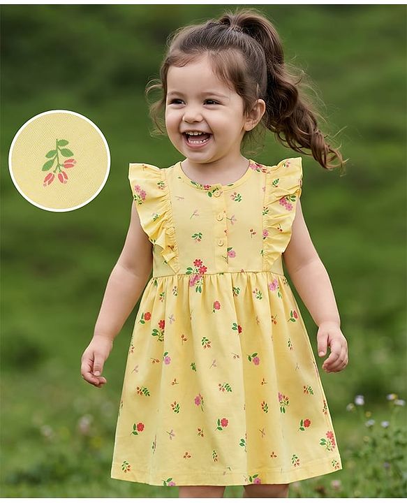 Babyhug Cotton Knit Ruffled Sleeves Floral Printed Frock - Yellow