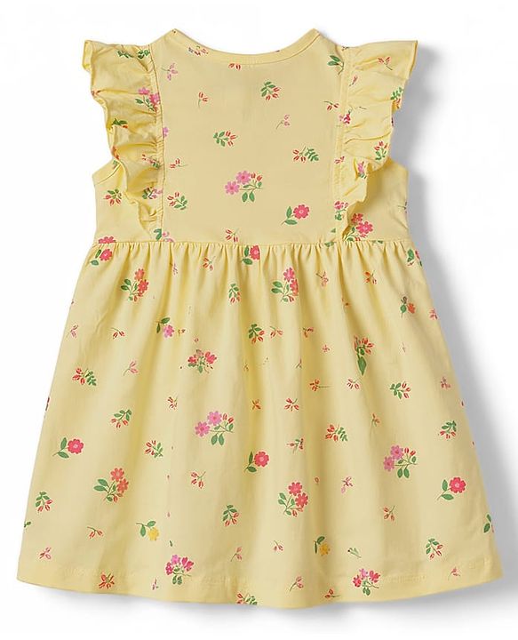 Babyhug Cotton Knit Ruffled Sleeves Floral Printed Frock - Yellow