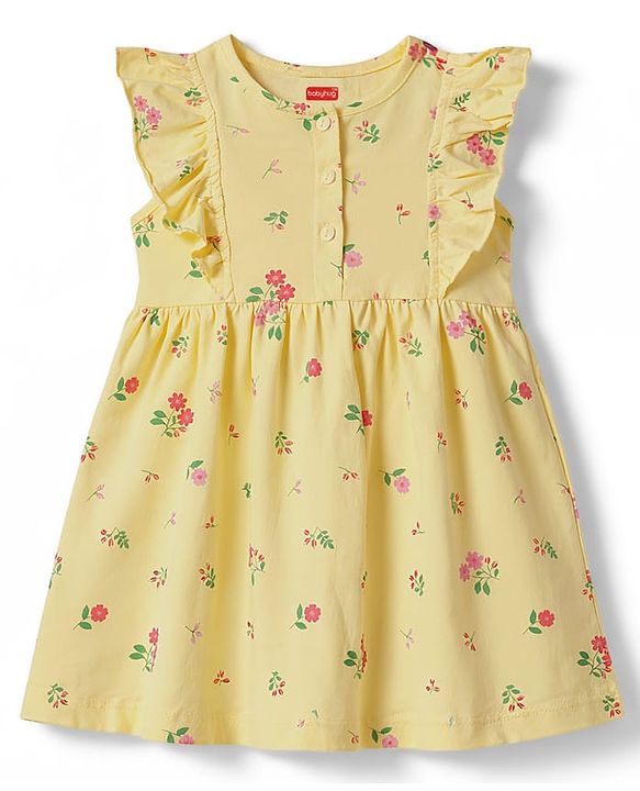 Babyhug Cotton Knit Ruffled Sleeves Floral Printed Frock - Yellow