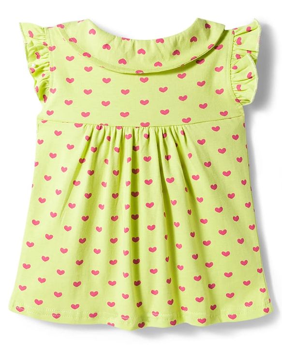 Babyhug Cotton Knit Frill Sleeves Co-ords Top & Shorts Night Suit with Heart Print - Light Green