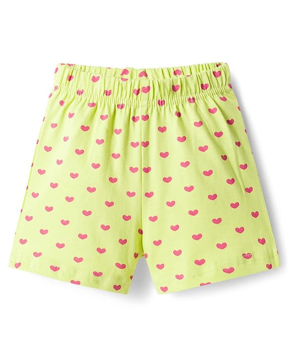 Babyhug Cotton Knit Frill Sleeves Co-ords Top & Shorts Night Suit with Heart Print - Light Green