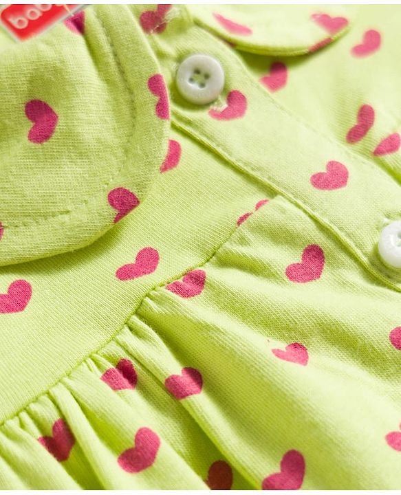 Babyhug Cotton Knit Frill Sleeves Co-ords Top & Shorts Night Suit with Heart Print - Light Green
