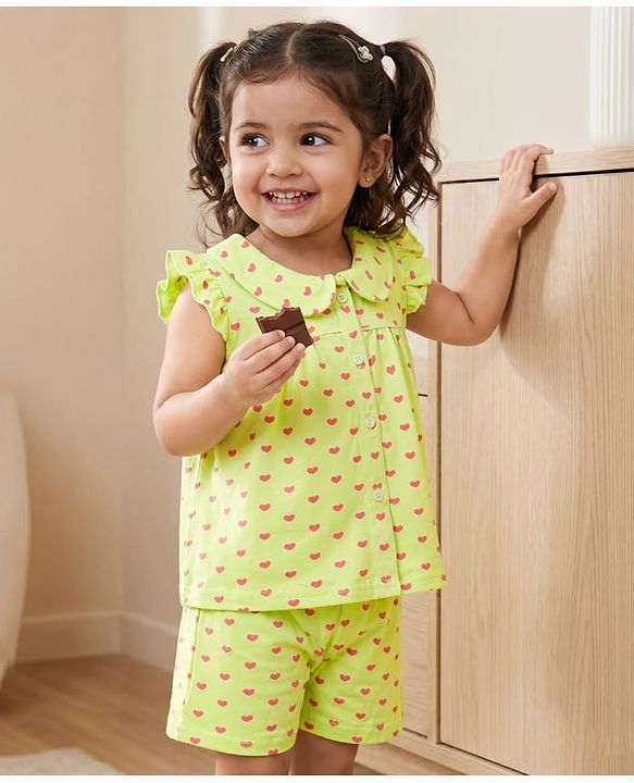 Babyhug Cotton Knit Frill Sleeves Co-ords Top & Shorts Night Suit with Heart Print - Light Green