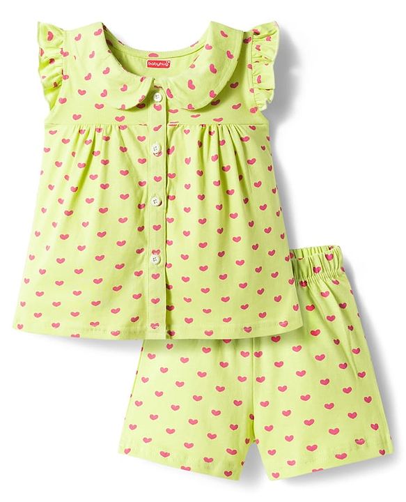 Babyhug Cotton Knit Frill Sleeves Co-ords Top & Shorts Night Suit with Heart Print - Light Green