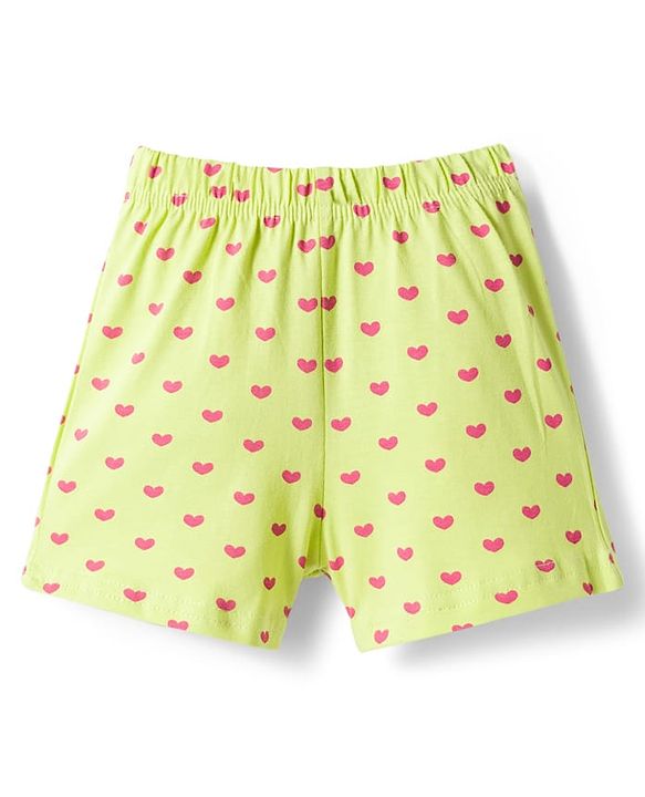 Babyhug Cotton Knit Frill Sleeves Co-ords Top & Shorts Night Suit with Heart Print - Light Green