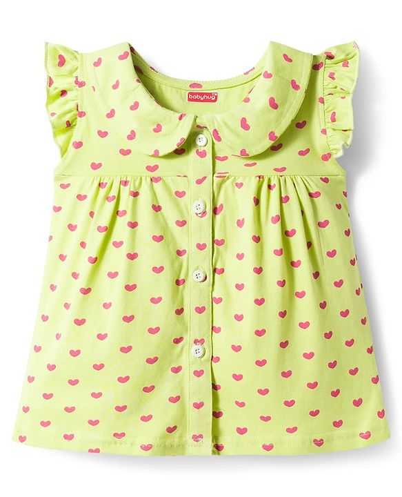 Babyhug Cotton Knit Frill Sleeves Co-ords Top & Shorts Night Suit with Heart Print - Light Green