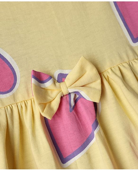 Babyhug Cotton Knit One Piece Dress with Short Sleeves and Heart Print Yellow 3-6 Months