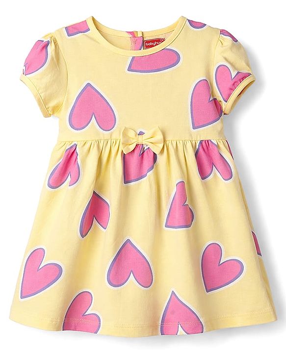 Babyhug Cotton Knit One Piece Dress with Short Sleeves and Heart Print Yellow 3-6 Months