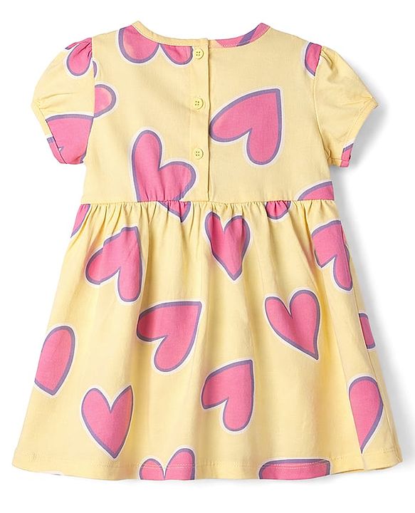 Babyhug Cotton Knit One Piece Dress with Short Sleeves and Heart Print Yellow 3-6 Months