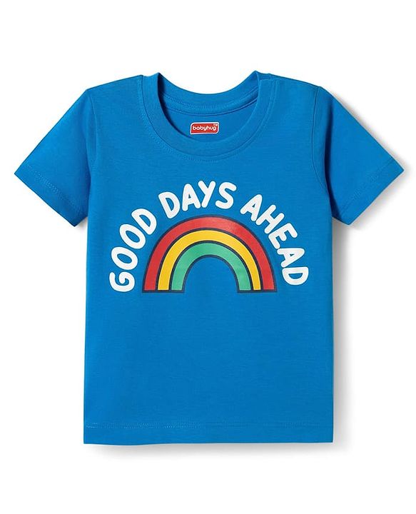 Babyhug Cotton Knit Half Sleeves T-Shirt with Rainbow & Text Print - Blue