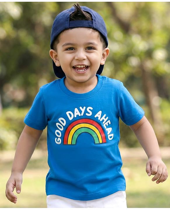 Babyhug Cotton Knit Half Sleeves T-Shirt with Rainbow & Text Print - Blue