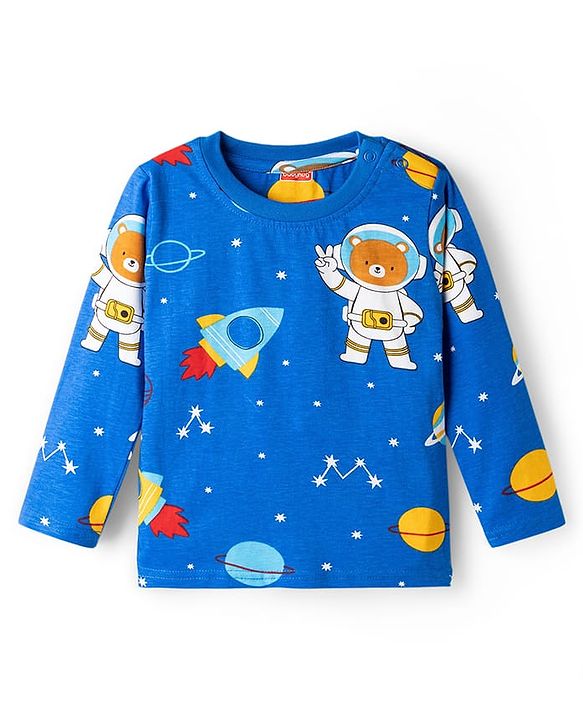 Babyhug Cotton Knit Full Sleeves Co-ords T-Shirt & Pajama Night Suit with Space Theme Print - Navy Blue